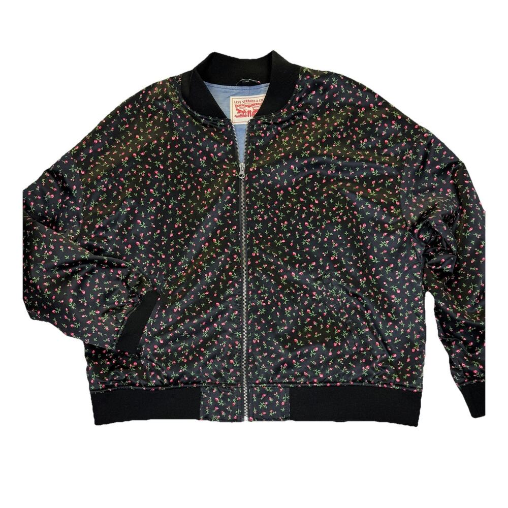 Levi’s Women’s Bomber Jacket Sz L Satin Rosebud Black Pink Chambray Lining